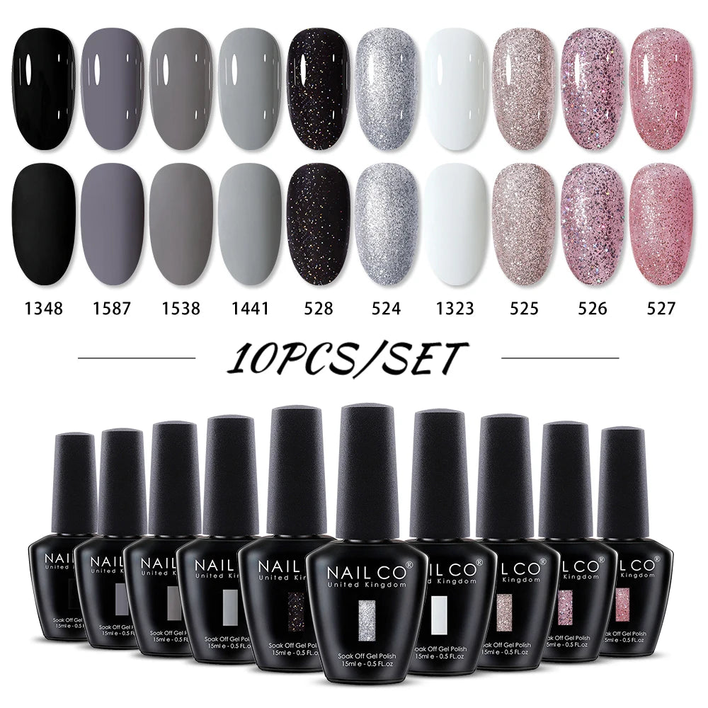 NAILCO 10PCS/Set Gel Nail Polish Gorgeous Full Coverage Semi Permanent Soak Off UV LED Gel Nail Art Base Top Coat Gel Polish Kit