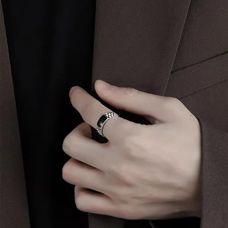 New Light Luxury Silver Plated Ring for Men Vintage Drip Glazed Opening Ring High-end Geometric Finger Ring Кольцо С Эмалью