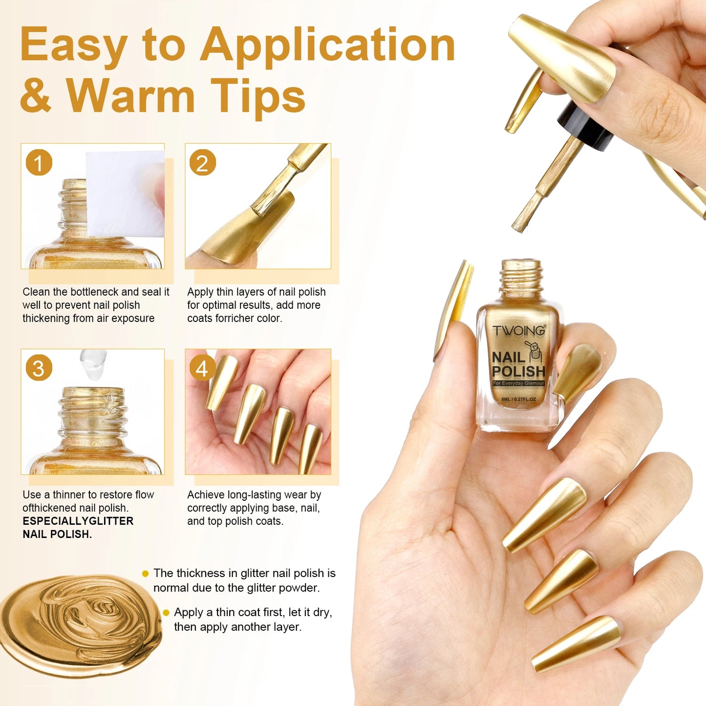 8ml Gold Metallic Nail Polish Bright Metal Mirror Nail Polish, Lasting,High Shine,Manicure Nail Lacquers Quick-Dry Manicure Art
