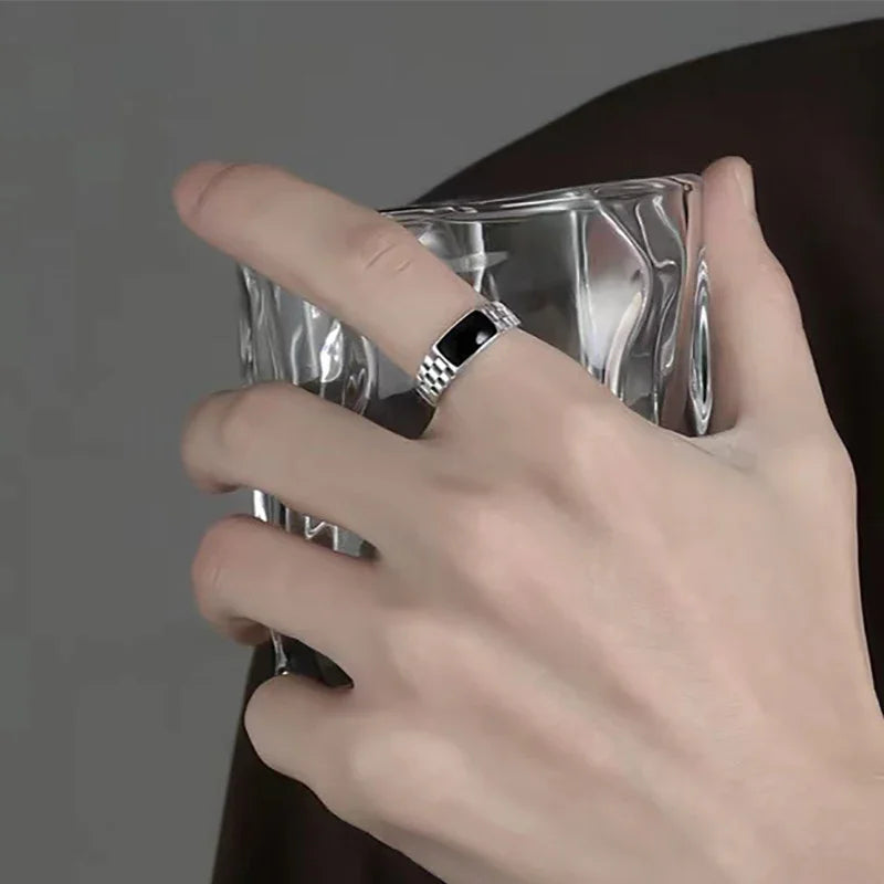 New Light Luxury Silver Plated Ring for Men Vintage Drip Glazed Opening Ring High-end Geometric Finger Ring Кольцо С Эмалью