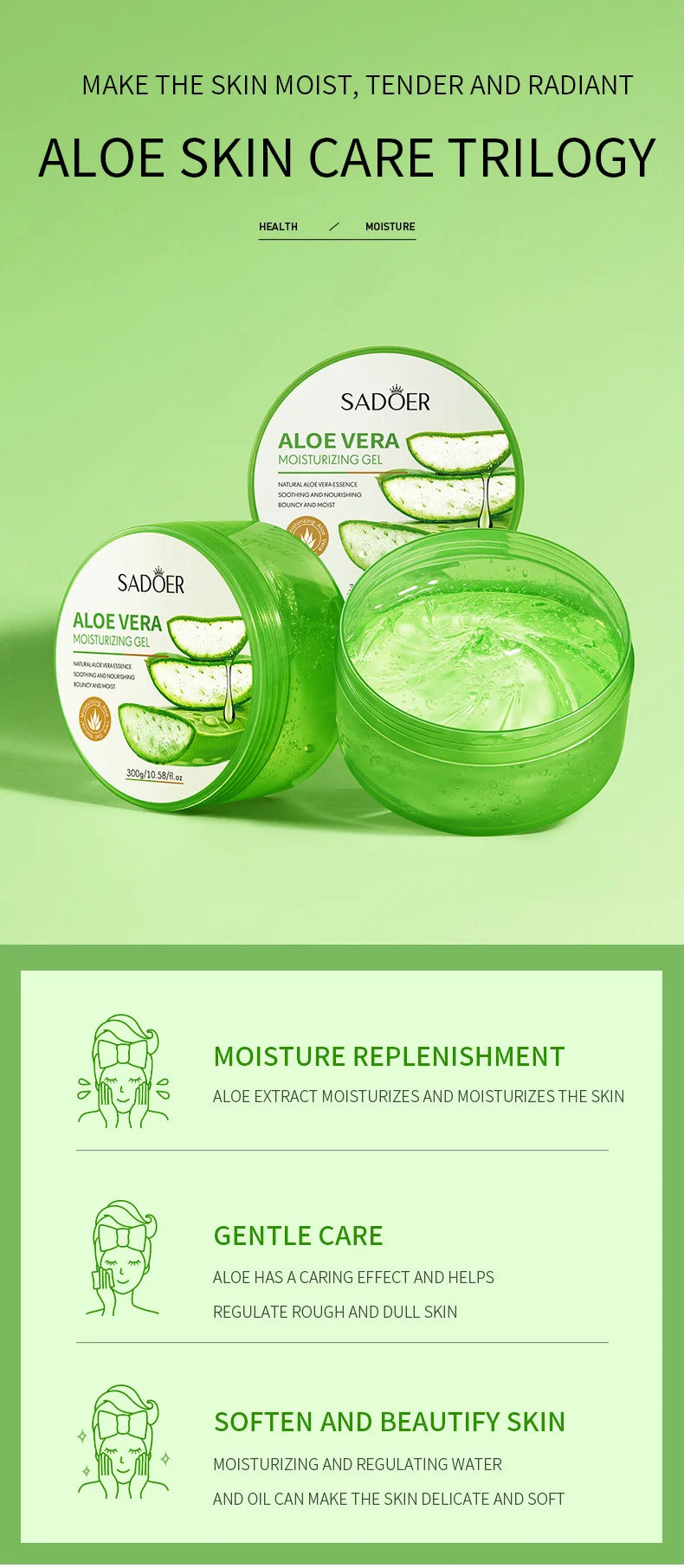 SADOER Aloe Vera Gel Creams Hydrating Brightening Nourishing Firming Moisturizing Face Cream Facial Skin Care Products 300g