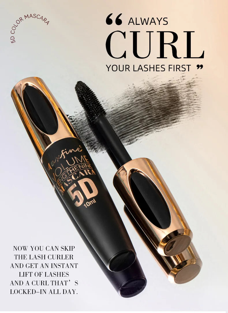 5D Mascara Waterproof Sweatproof Non Smudging Creates Dense Long Lashes With Silicone Brush Head For Base Laying