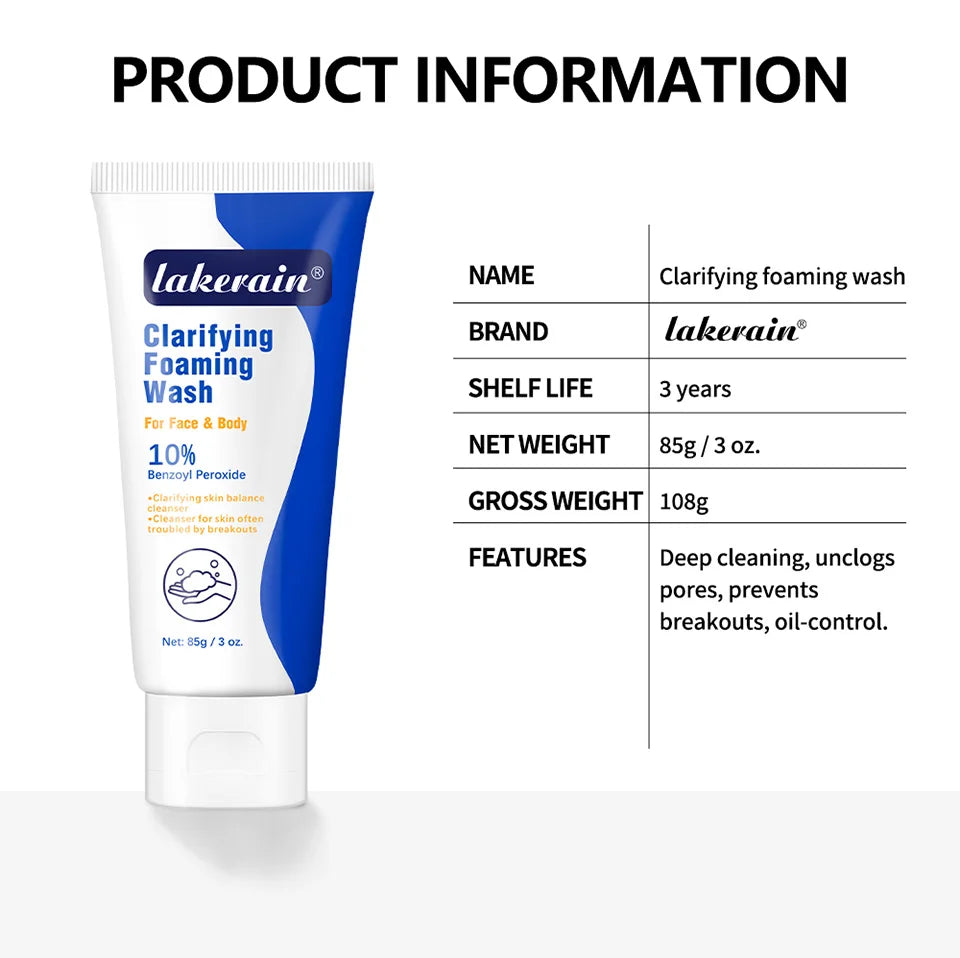 Lakerain Clarifying Foaming Wash 10% Benzoyl Peroxide Foaming Cleanser Acne Foaming Cleanser Target Breakouts Deep Clean Cream