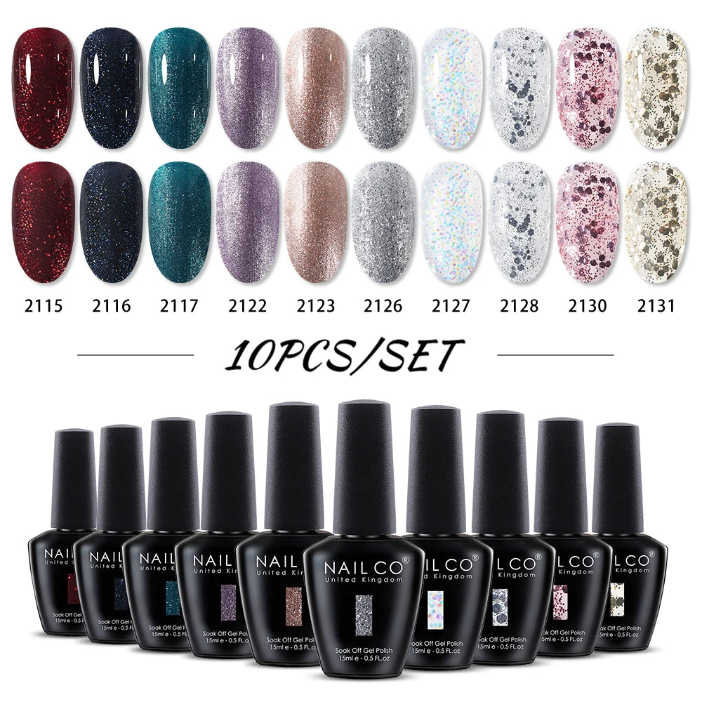 NAILCO 10PCS/Set Gel Nail Polish Gorgeous Full Coverage Semi Permanent Soak Off UV LED Gel Nail Art Base Top Coat Gel Polish Kit
