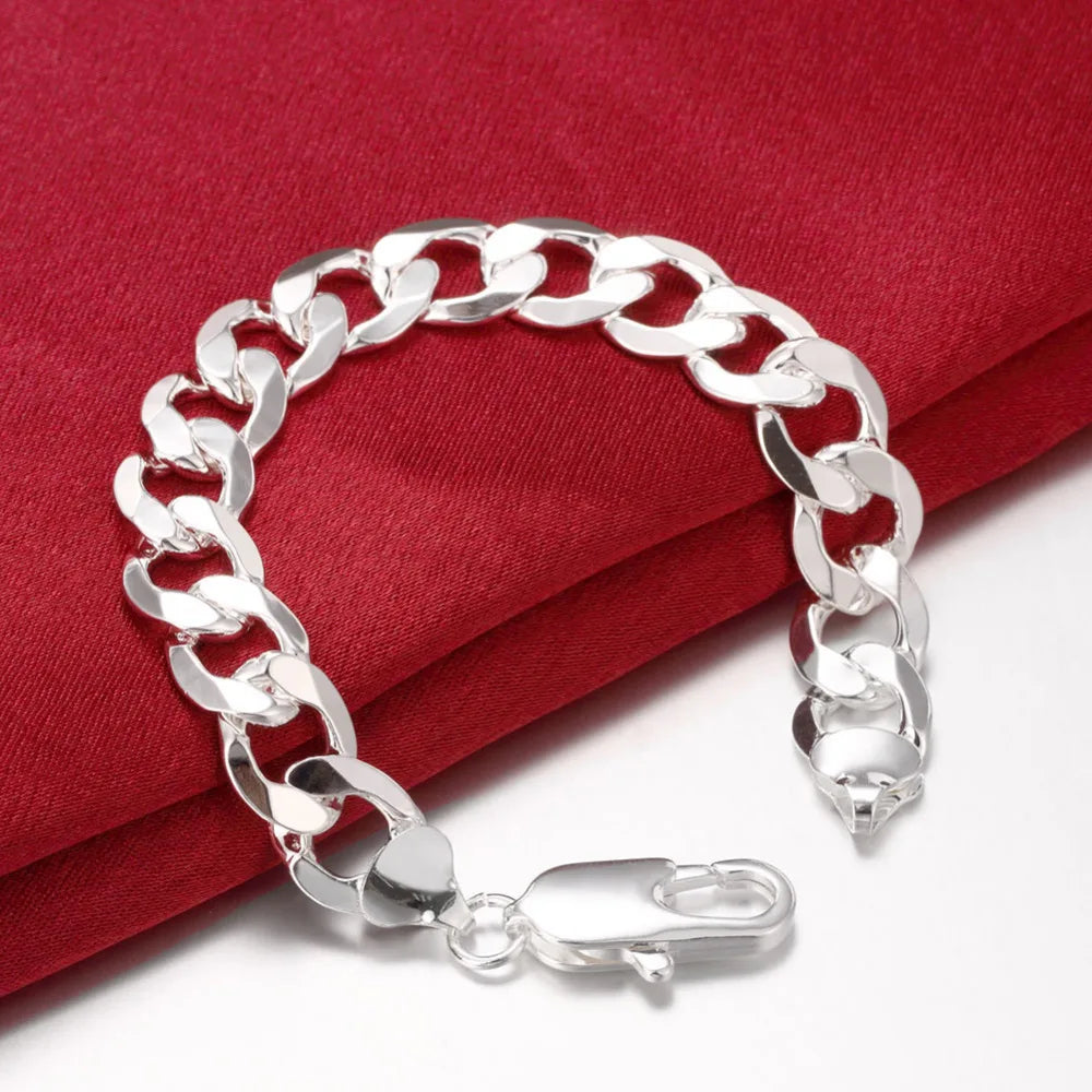 Men's Bracelets 12mm Curb Cuban Chain 925 Sterling Silver Luxury Fashion Jewelry Male Gift Christmas GaaBou Jewellery
