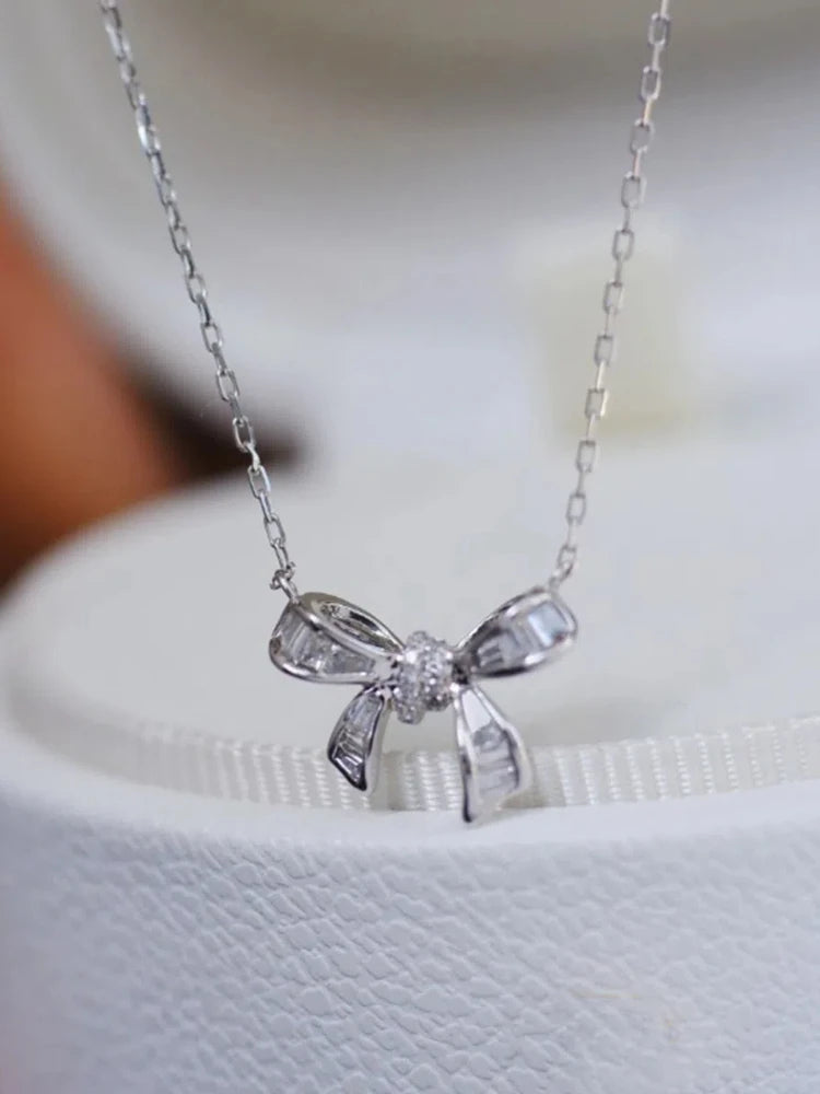 S925 Sterling Silver Women's Necklace Cute Bow Zirconia Pendant Necklace French Jewellery for Daily Wear Holiday Party Gifts