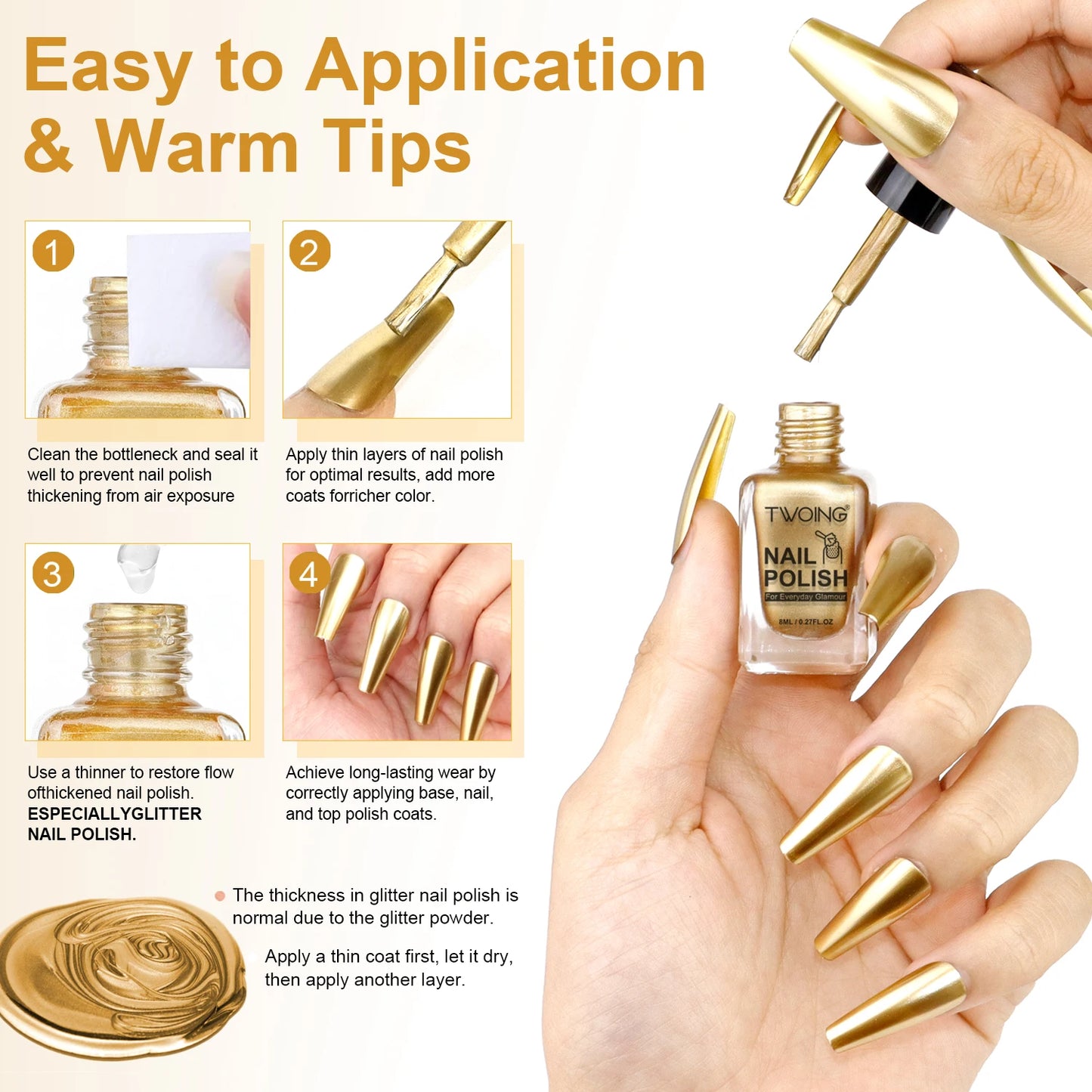 8ml Gold Metallic Nail Polish Bright Metal Mirror Nail Polish, Lasting,High Shine,Manicure Nail Lacquers Quick-Dry Manicure Art