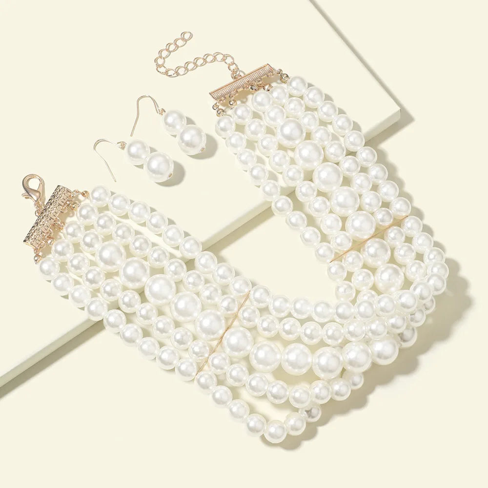 New Trendy Jewelry Set For Women Elegant Charm Multi-layer Imitation Pearl Choker Necklace And Earrings Neck Accessories