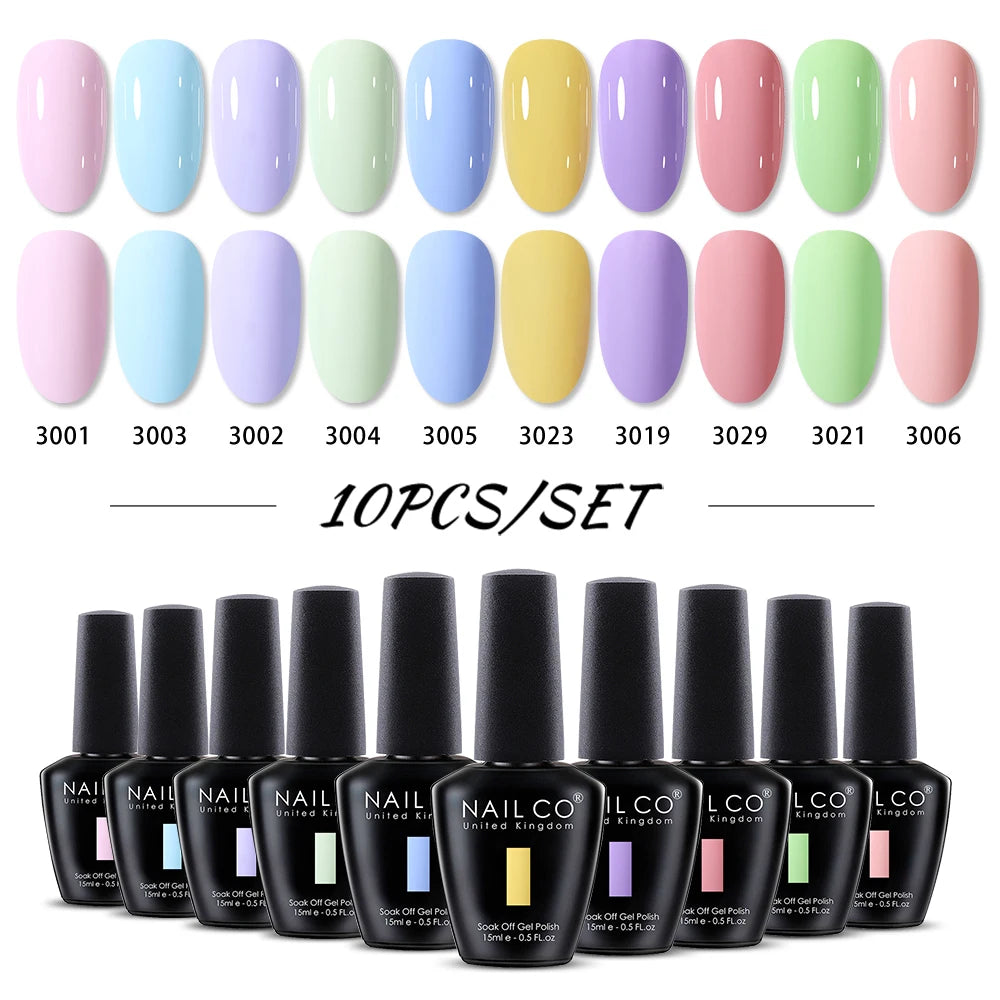 NAILCO 10PCS/Set Gel Nail Polish Gorgeous Full Coverage Semi Permanent Soak Off UV LED Gel Nail Art Base Top Coat Gel Polish Kit