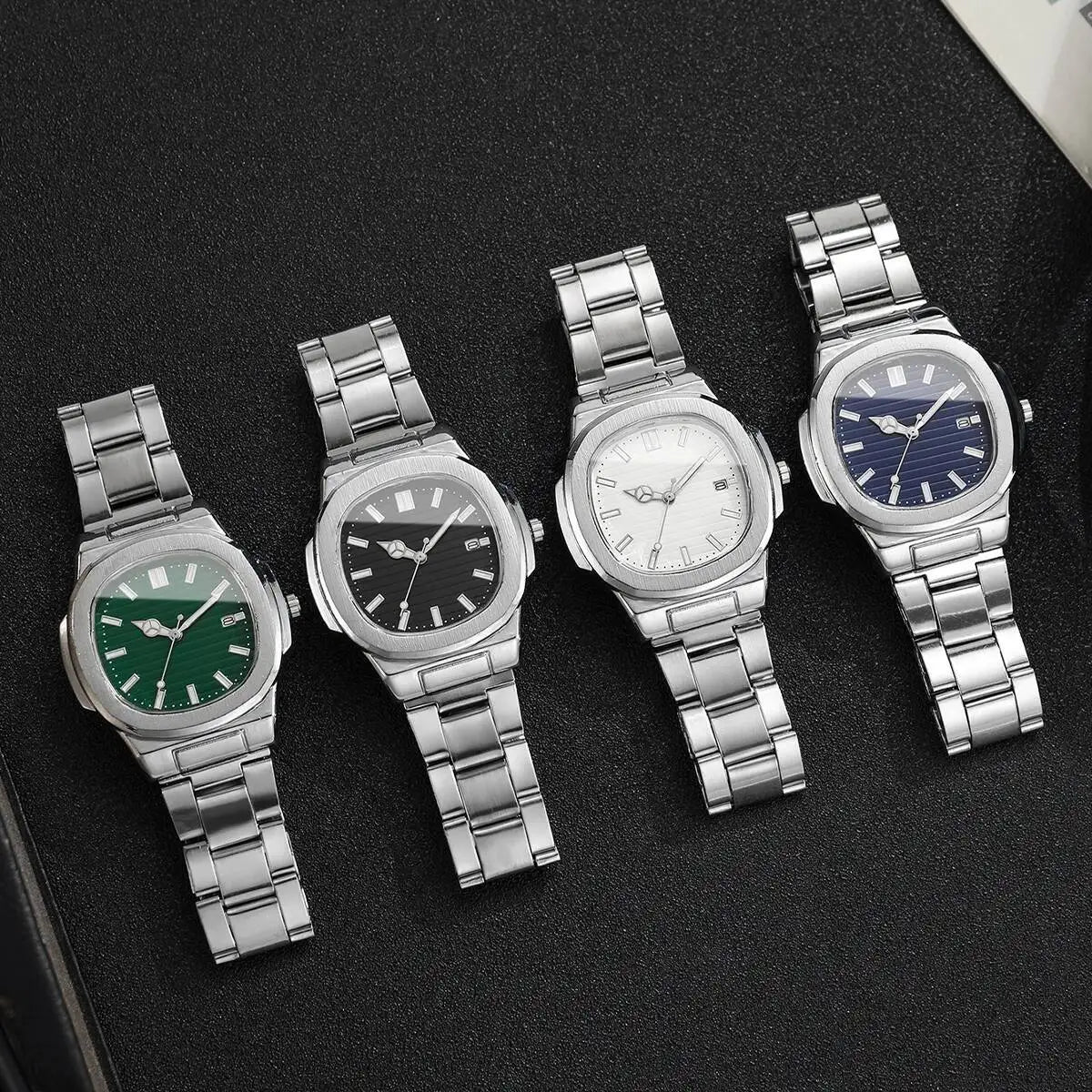Luxury Men Business Watches Fashion Square Dial Stainless Steel Strap Quartz Watch with Calendar For Mens Clock(Without Box)