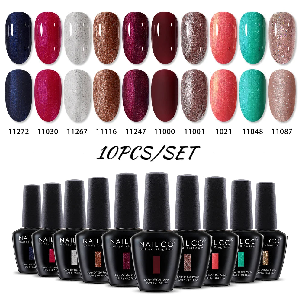 NAILCO 10PCS/Set Gel Nail Polish Gorgeous Full Coverage Semi Permanent Soak Off UV LED Gel Nail Art Base Top Coat Gel Polish Kit