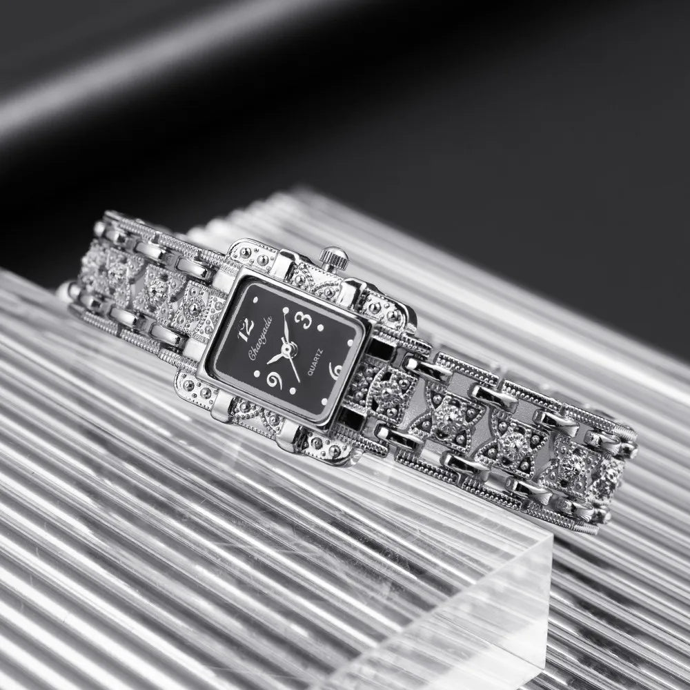 Luxury Sliver Metal Women Bracelet Wrist Watch Top Brand Fashion Crystal Quartz Watch Elegant Square Ladies Clock Reloj Mujer