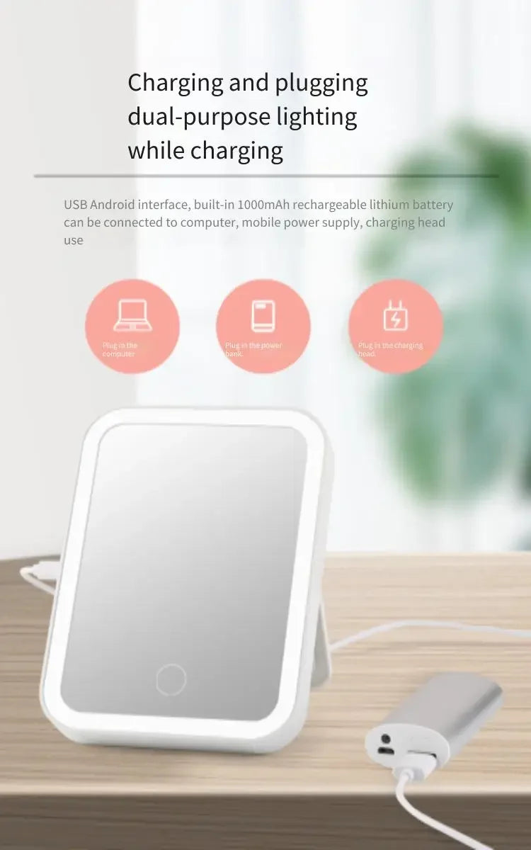 Makeup Mirror USB Rechargeable Portable Compact LED Vanity Mirror with Touch Screen Dimming Makeup Mirror