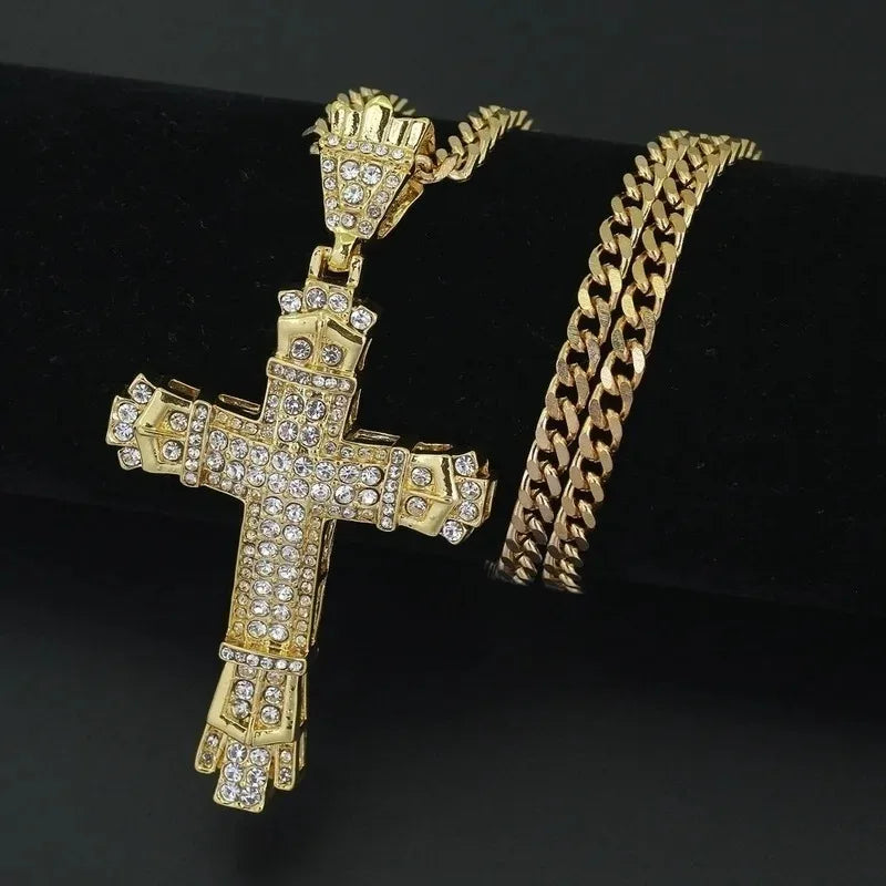 Mens Jewellery Cross Necklace Chain for Men Stainless Steel Necklace Men Hip Hop Jewelry Rhinestone Religious Pendant Collares
