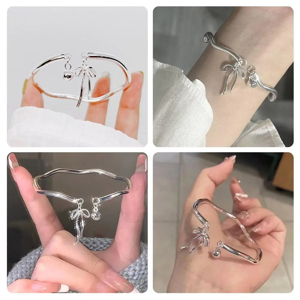 Luxury Silver Bow Knot Bell Bracelet Adjustable Open Girls Women