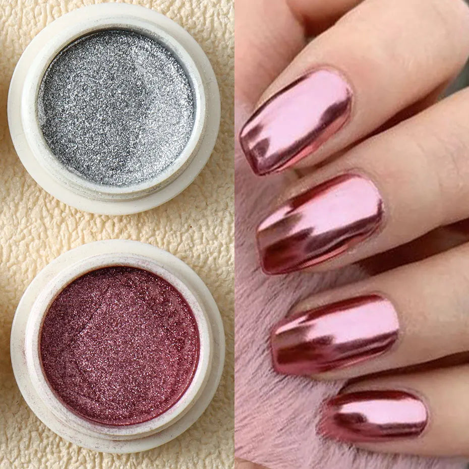6pc Gold Metallic Mirror Glitter Nail Art Dust Rose Gold Silver Powder UV Gel Polish Chrome Rubbing Pigment Flake Manicure Decor