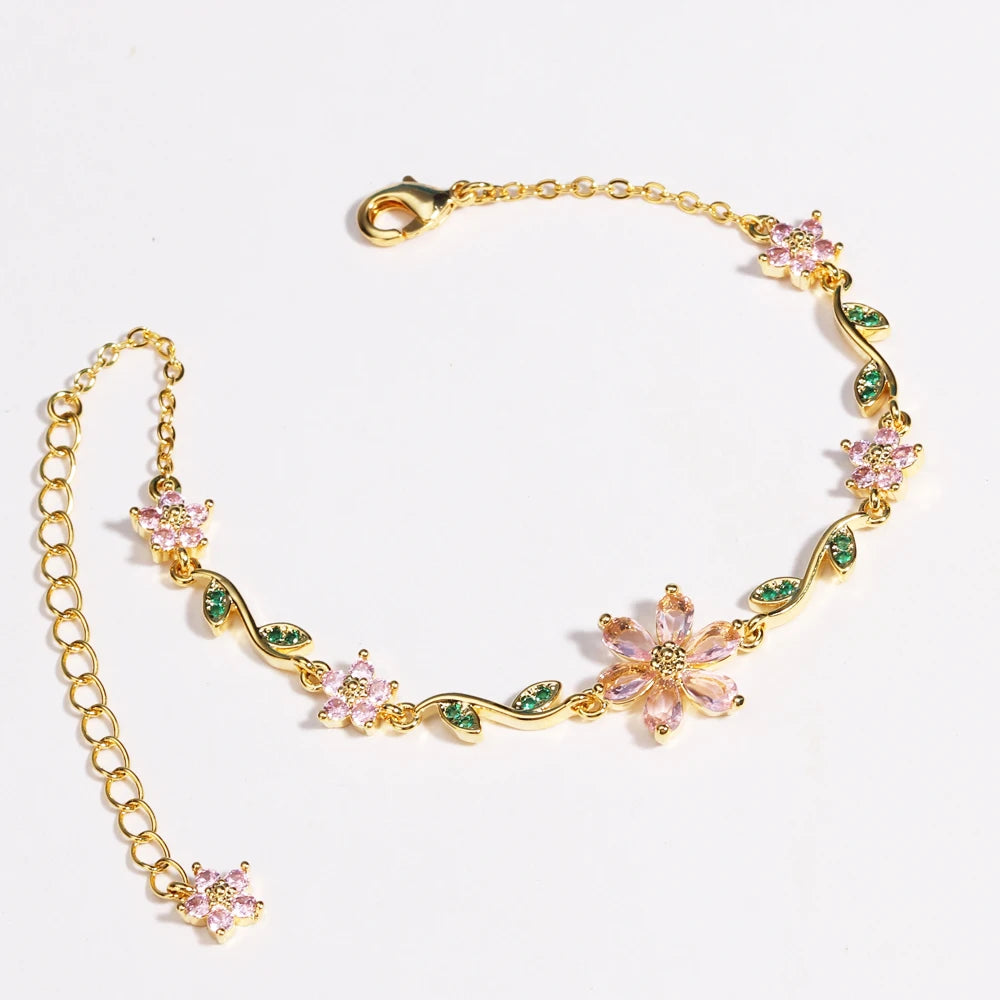 Luxury Pink Zircon Flower Bracelet For Women Girls Sweet Gold Color Crystal Adjustable Bracelet Jewelry Gift