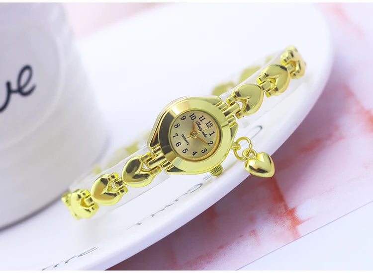 Luxury Woman Lady Gold Love Pendant Bangle Bracelet Wristwatches Young Female Girls Fashion Waterproof Gifts Thin Strap Watches