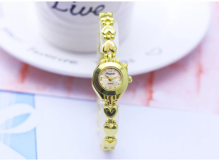 Luxury Woman Lady Gold Love Pendant Bangle Bracelet Wristwatches Young Female Girls Fashion Waterproof Gifts Thin Strap Watches