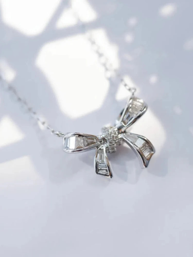 S925 Sterling Silver Women's Necklace Cute Bow Zirconia Pendant Necklace French Jewellery for Daily Wear Holiday Party Gifts