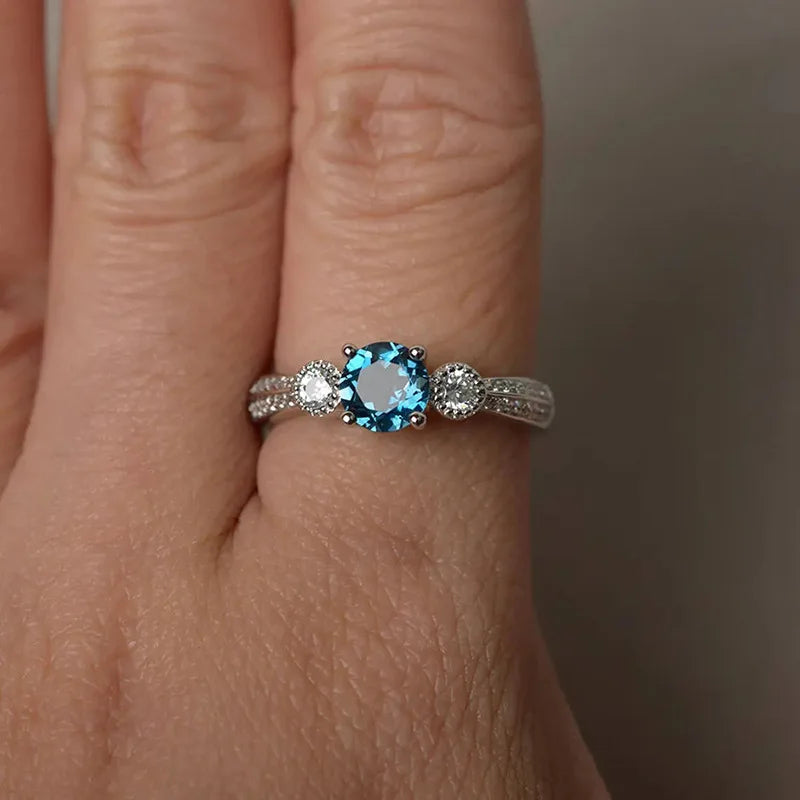 Fashion Female Ring 925 Sterling Silve Sea Blue Round Zircon Finger Rings for Women Promise Love Wedding Ring for Women Jewelry