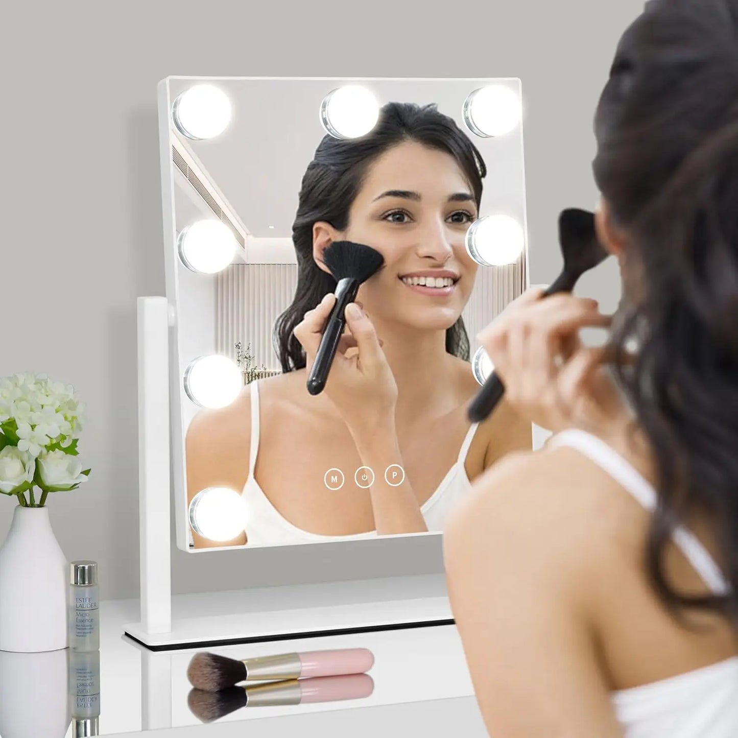 Makeup Mirror with 9 Bulbs Lights LED Vanity Mirror,3 Color Mode Dimming,Detachable 10X Zoom Mirror,360° Rotation,Metal Frame