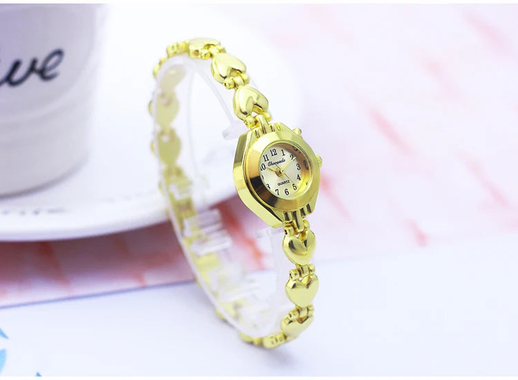 Luxury Woman Lady Gold Love Pendant Bangle Bracelet Wristwatches Young Female Girls Fashion Waterproof Gifts Thin Strap Watches
