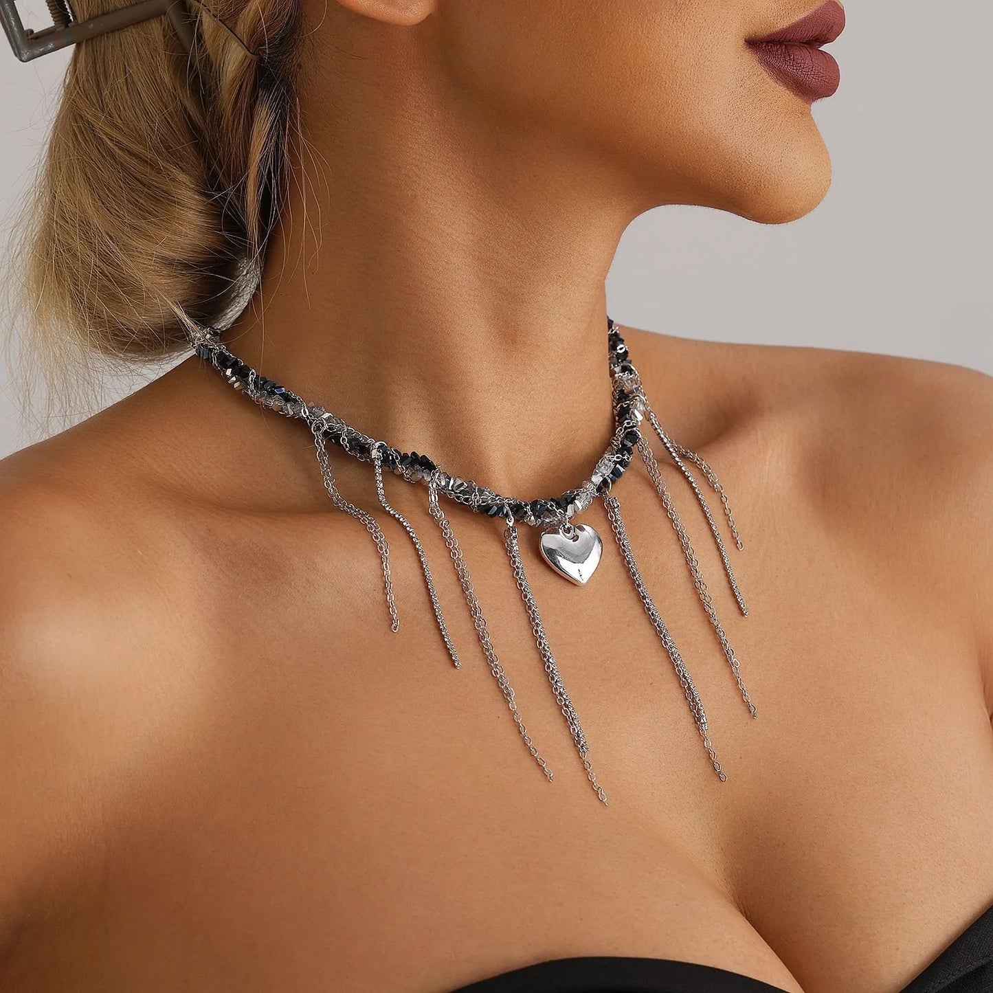 Y2k Choker Necklaces Heart Pendant Chain Jewellery Women Glass Multilayer Neck Collier Femme Cadenas Para Mujer for Girls Women