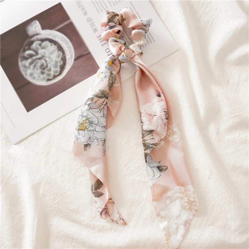 Women's Hair Accessories Girl Lady Elastic Headband Scrunchies With Ribbon Floral Design Trend Bandana Band Headbands Fashion