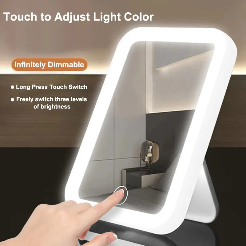 3 Colors LED Vanity Mirror with Touch Screen USB Rechargeable Dimming Makeup Mirror Portable