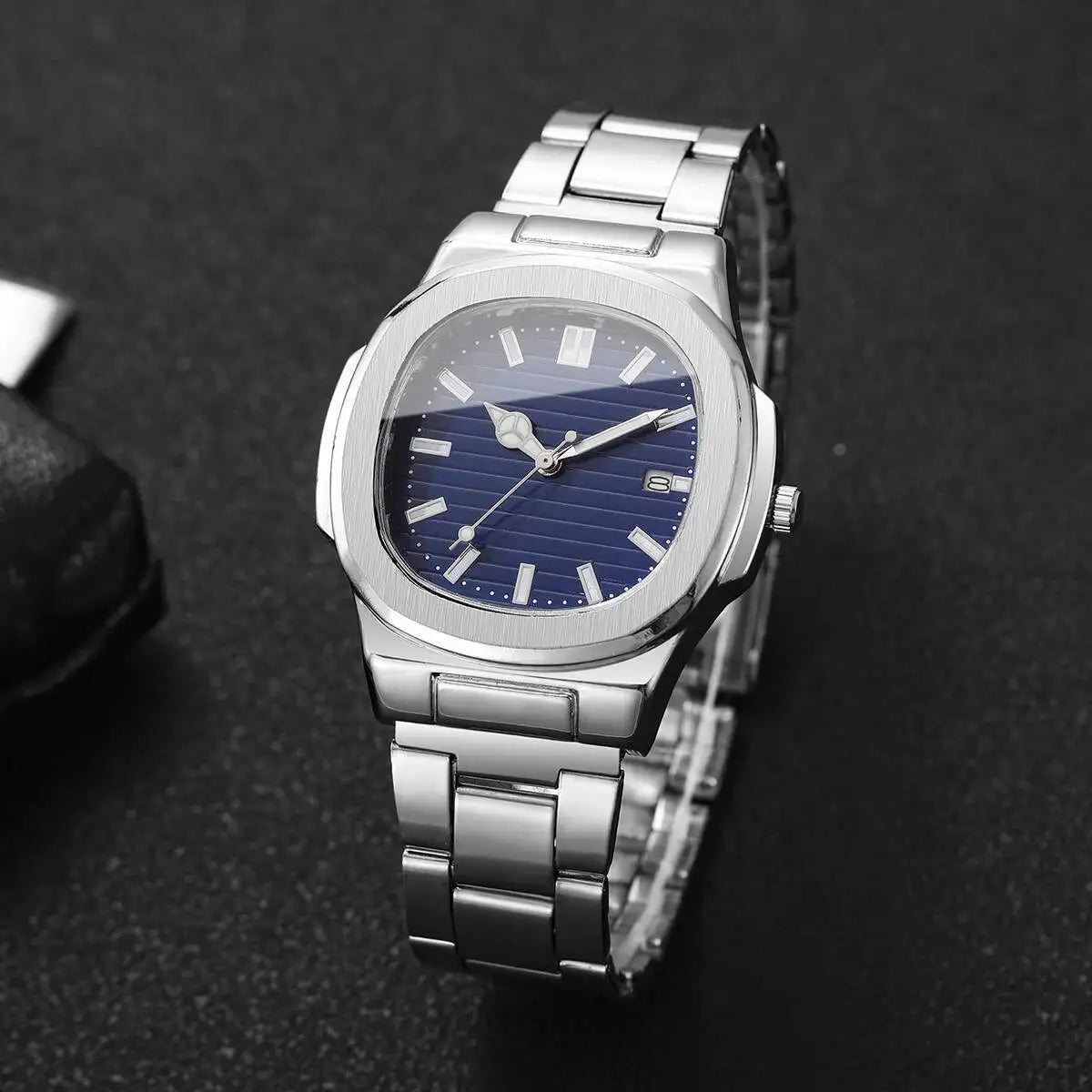 Luxury Men Business Watches Fashion Square Dial Stainless Steel Strap Quartz Watch with Calendar For Mens Clock(Without Box)