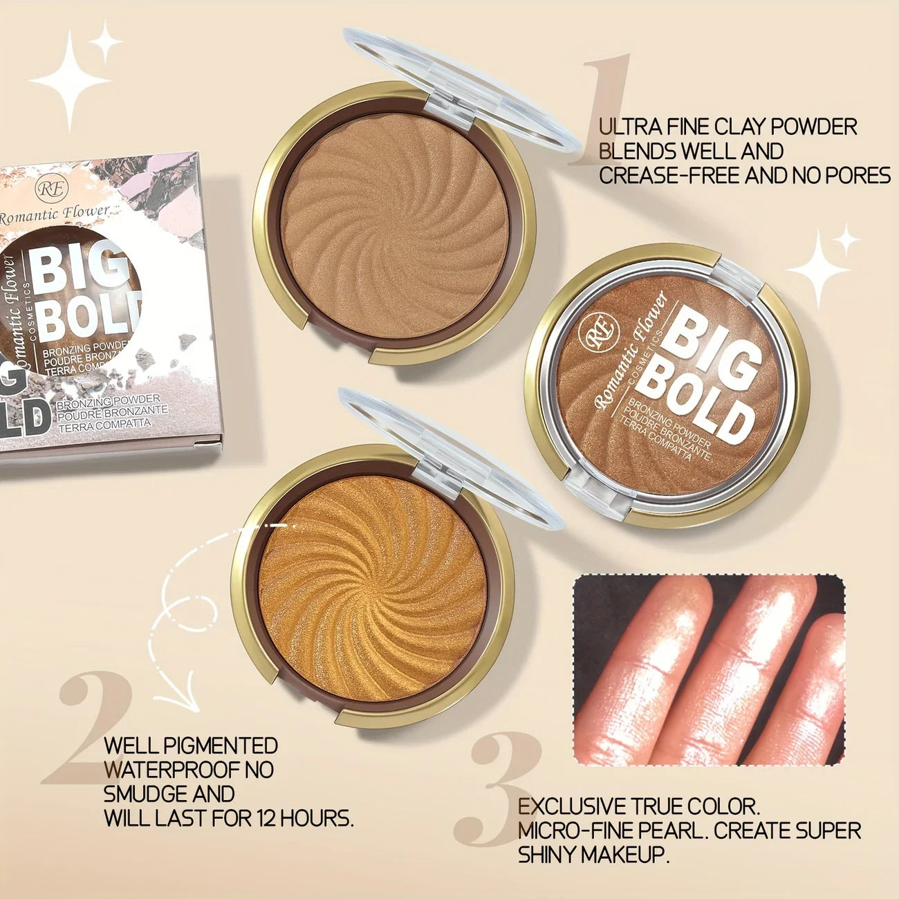 3-color powder brightens the face,bronze color pressed powder, waterproof and high gloss makeup,brightening wheat pearl powder