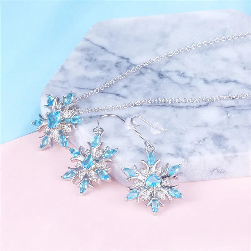 Bague Ringen Earrings for Women Charms Female Fashion Jewelry Artificial Aquamarine Snowflake Ear drops Blue Gemstones Party