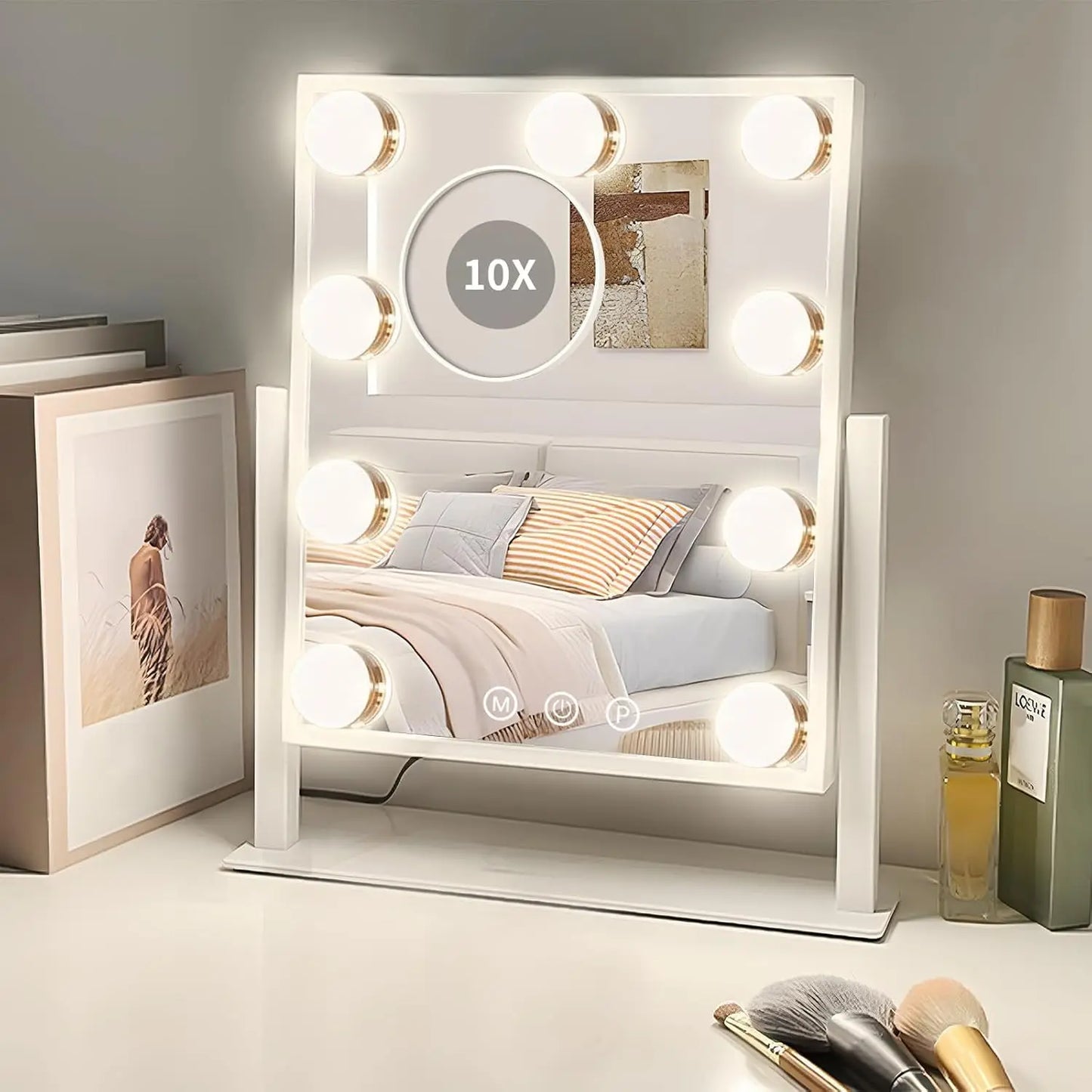 Makeup Mirror with 9 Bulbs Lights LED Vanity Mirror,3 Color Mode Dimming,Detachable 10X Zoom Mirror,360° Rotation,Metal Frame