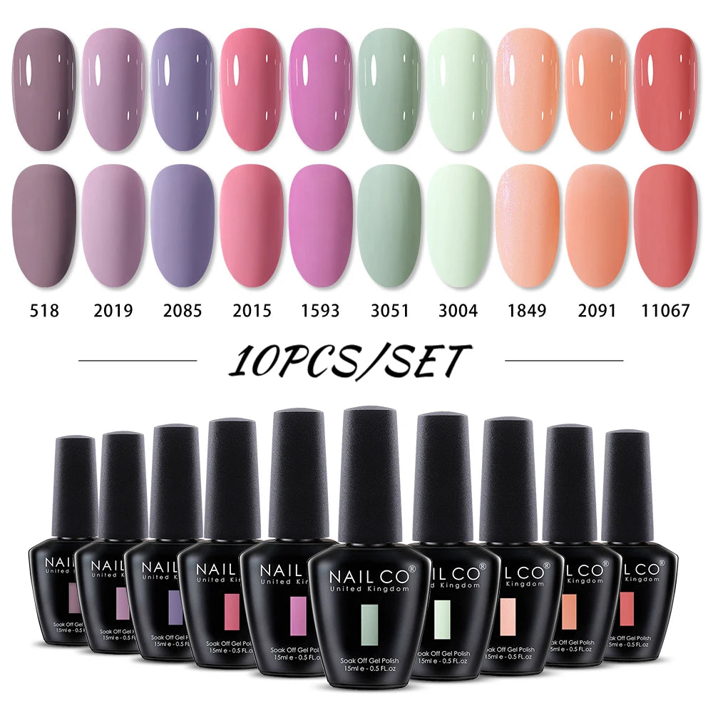NAILCO 10PCS/Set Gel Nail Polish Gorgeous Full Coverage Semi Permanent Soak Off UV LED Gel Nail Art Base Top Coat Gel Polish Kit