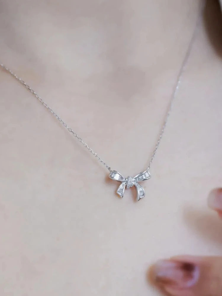 S925 Sterling Silver Women's Necklace Cute Bow Zirconia Pendant Necklace French Jewellery for Daily Wear Holiday Party Gifts