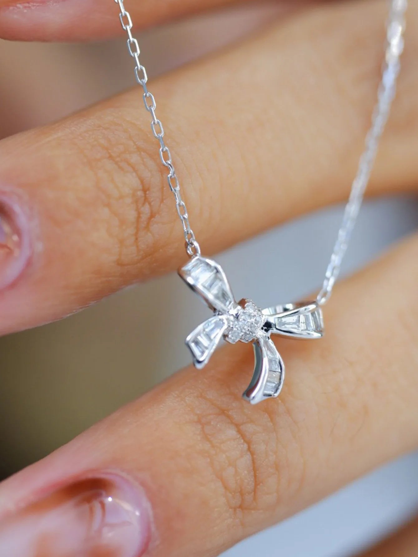 S925 Sterling Silver Women's Necklace Cute Bow Zirconia Pendant Necklace French Jewellery for Daily Wear Holiday Party Gifts
