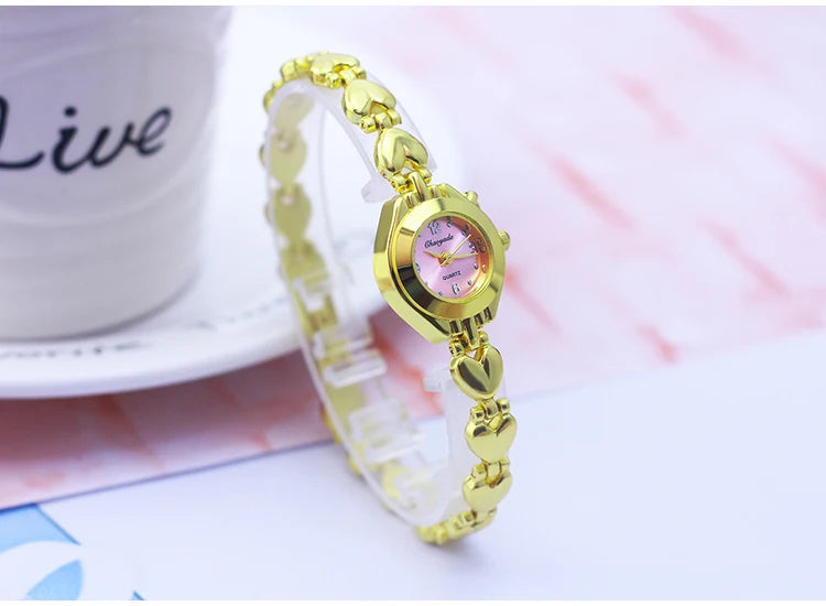Luxury Woman Lady Gold Love Pendant Bangle Bracelet Wristwatches Young Female Girls Fashion Waterproof Gifts Thin Strap Watches