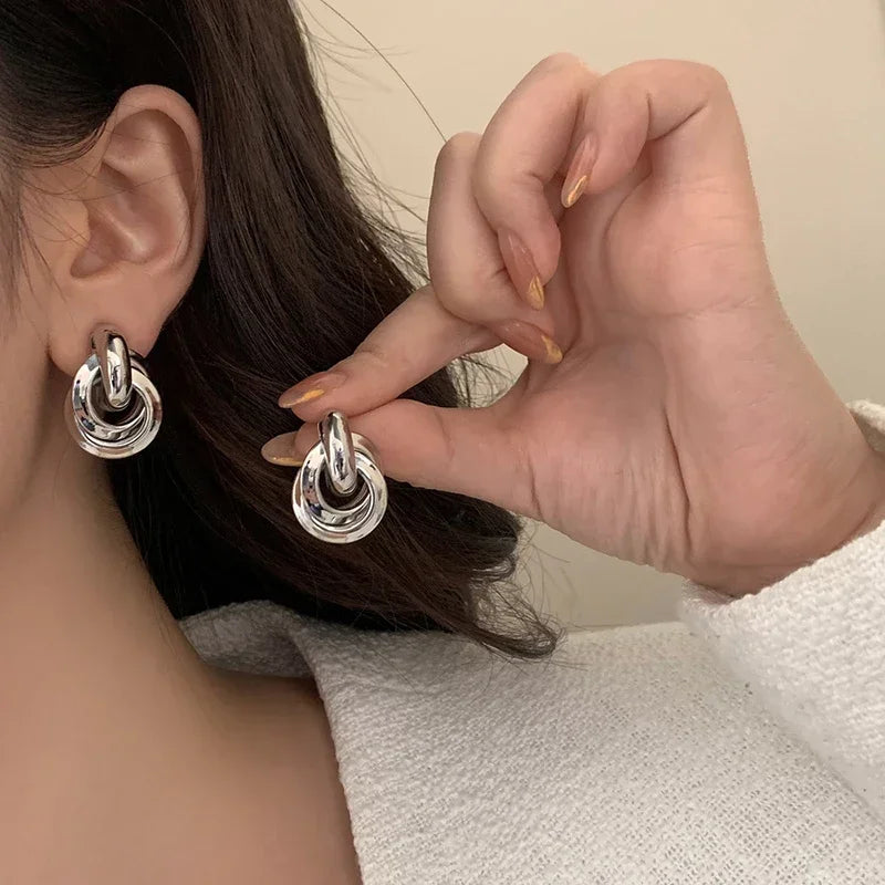 Real 925 Sterling Silver 18K Round Stud Earrings for Women Trendy Fine Jewelry Minimalist Exaggerated Accessories
