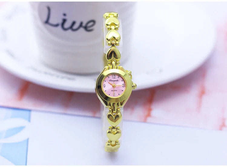 Luxury Woman Lady Gold Love Pendant Bangle Bracelet Wristwatches Young Female Girls Fashion Waterproof Gifts Thin Strap Watches