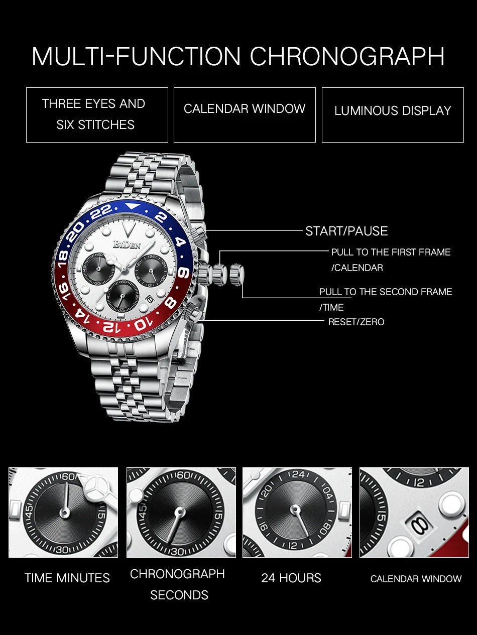 Brand Men's Watches Are High-end Lightweight Luxurious Round Multifunctional Quartz Watches with Solid Steel Straps for Dail