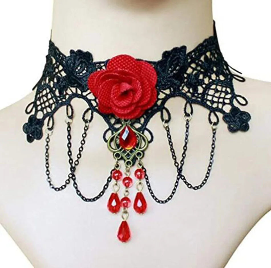 Lady Neck Jewelry Accessories Girl Lace Gothic Choker for Women Vintage Sexy Fashion Velvet Rose Beads Flower Necklace