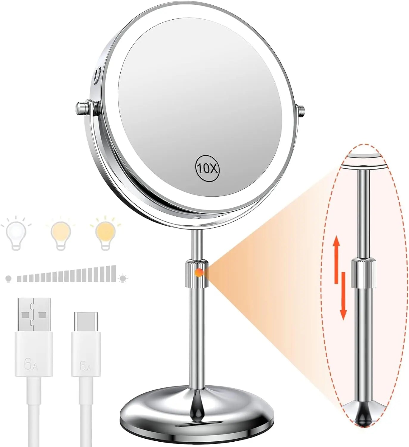 3 Color Lights Makeup Mirror With Light Lamp 10X Magnification 8 Inch Adjustable Brightness Height Standing Cosmetic Mirror