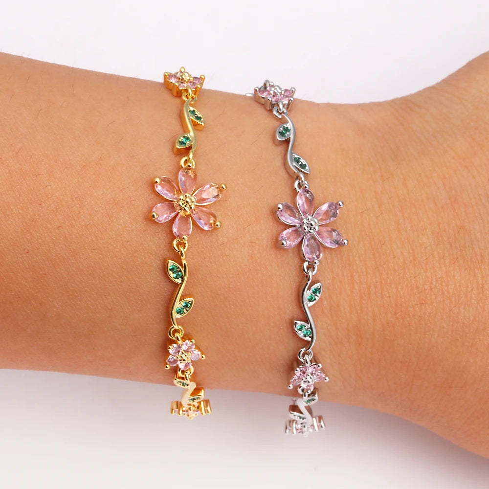 Luxury Pink Zircon Flower Bracelet For Women Girls Sweet Gold Color Crystal Adjustable Bracelet Jewelry Gift