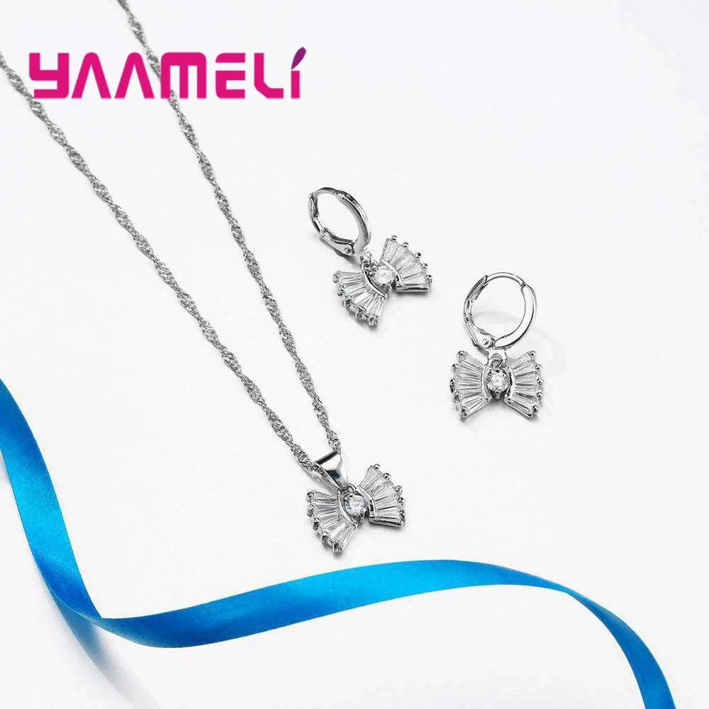 Lovely Women Bowknot Pendants Necklaces Earrings Jewelry Set For Party Accessory Anniversary 925 Sterling Silver Jewellery Sets