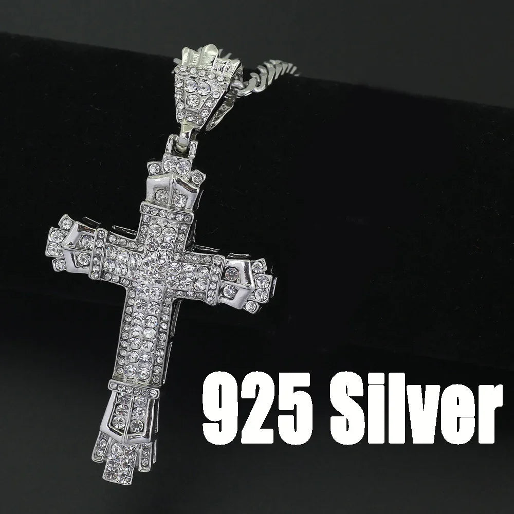 Mens Jewellery Cross Necklace Chain for Men Stainless Steel Necklace Men Hip Hop Jewelry Rhinestone Religious Pendant Collares