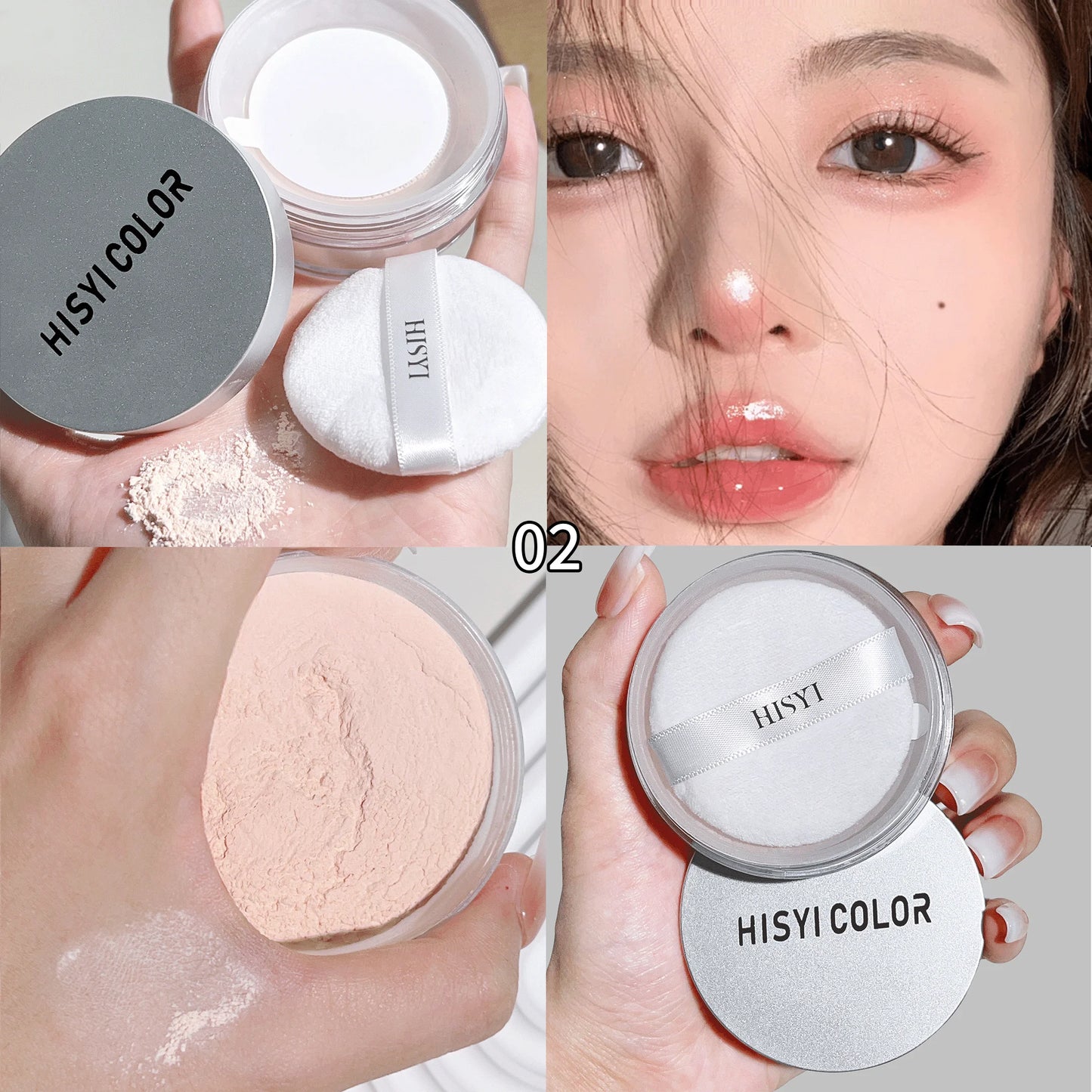 Waterproof and sweat-proof loose powder, brightens complexion with highlighting and whitening effects, matte finish.