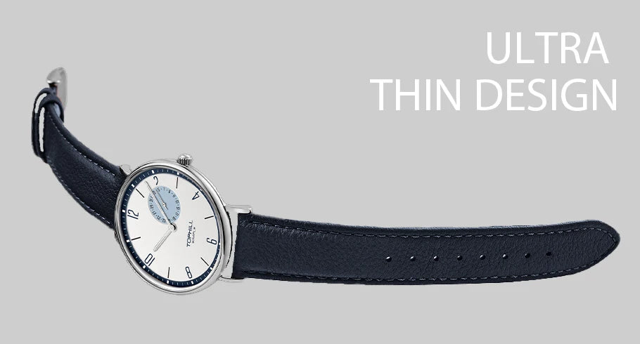 TOPHILL Men's Bauhaus Quartz Watch Ultra Slim 40mm Minimalist Dial Sapphire Glass Leather Strap Stainless Steel Case