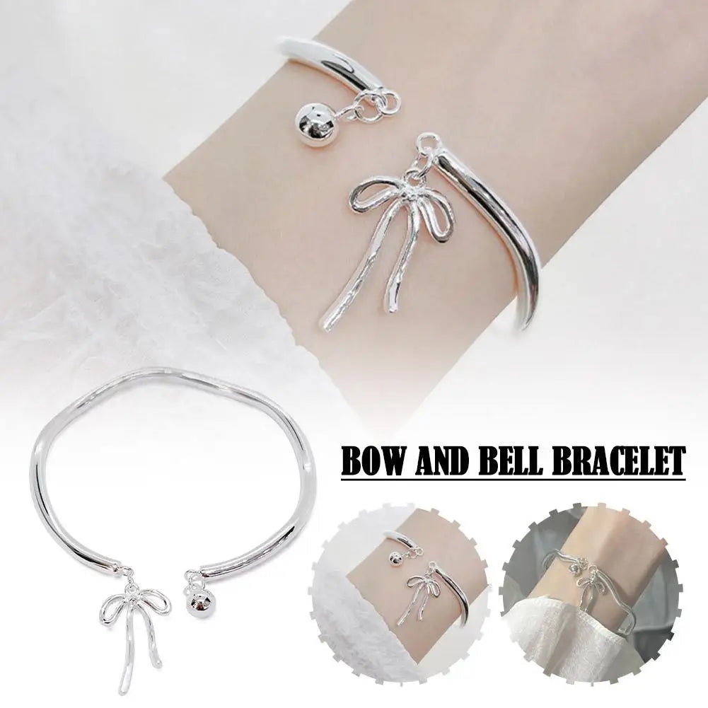 Luxury Silver Bow Knot Bell Bracelet Adjustable Open Girls Women