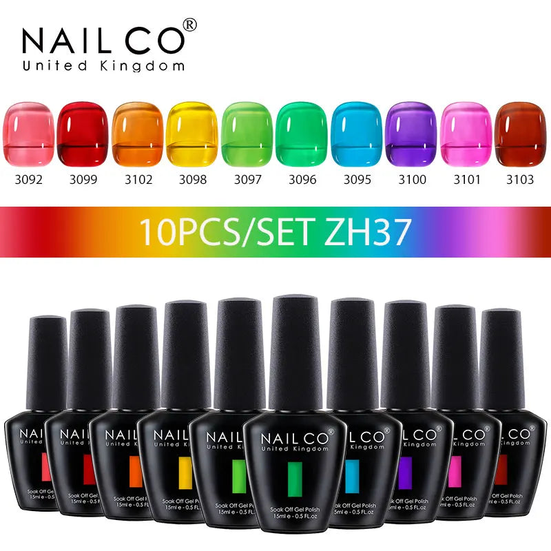NAILCO 10PCS/Set Gel Nail Polish Gorgeous Full Coverage Semi Permanent Soak Off UV LED Gel Nail Art Base Top Coat Gel Polish Kit